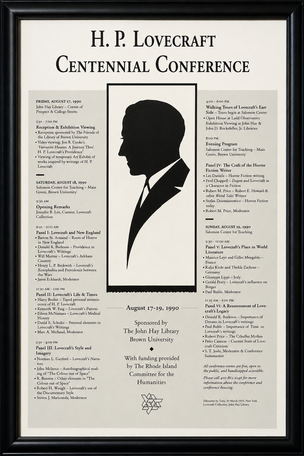 H. P. Lovecraft Centennial Conference program poster at Brown University in 1990 listing John McInnis on the Style and Imagery panel.